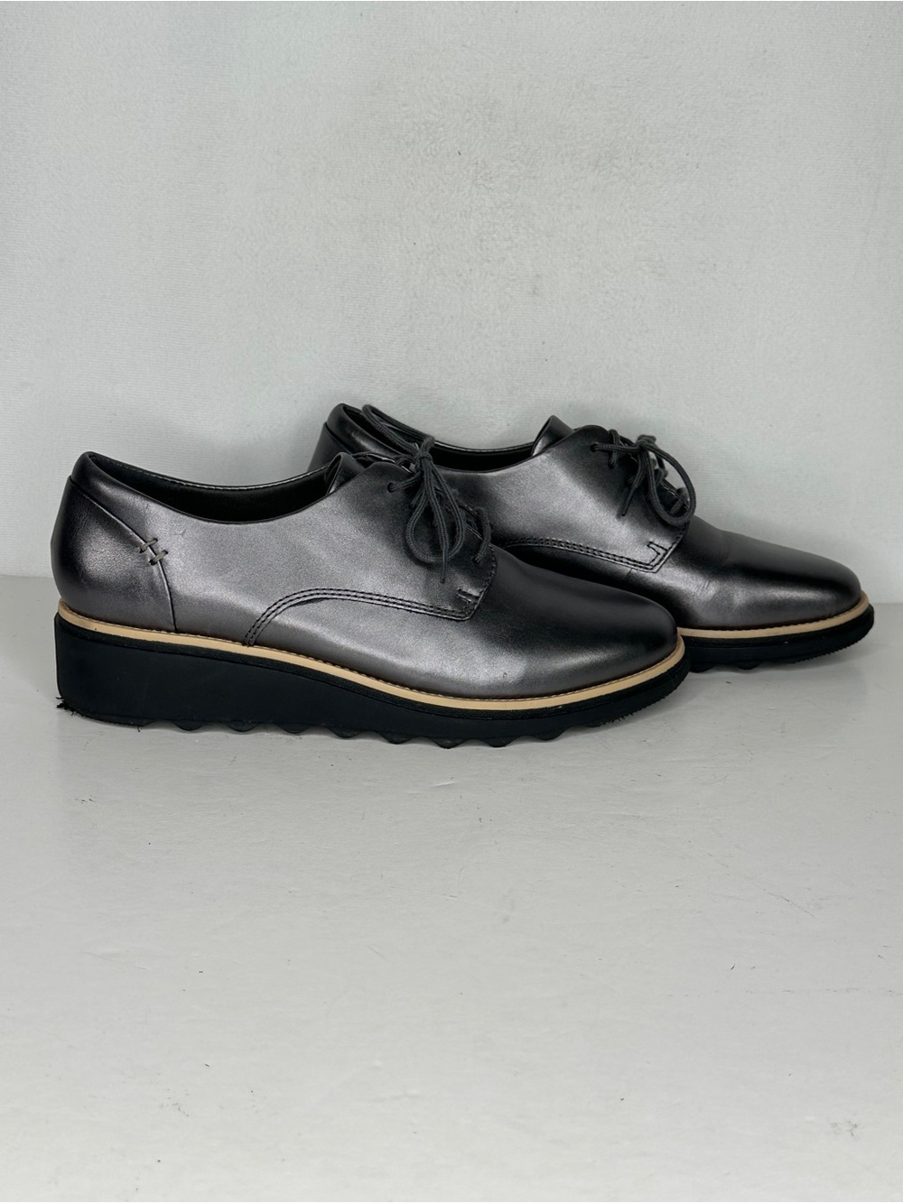 Clarks Sharon Noel Platform Oxford Shoes Metallic Gun Metal Leather Sz 8
